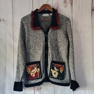 Vintage Sharon Young Knit Cardigan Women’s M Black/Gray w/ Black Velvet Trim